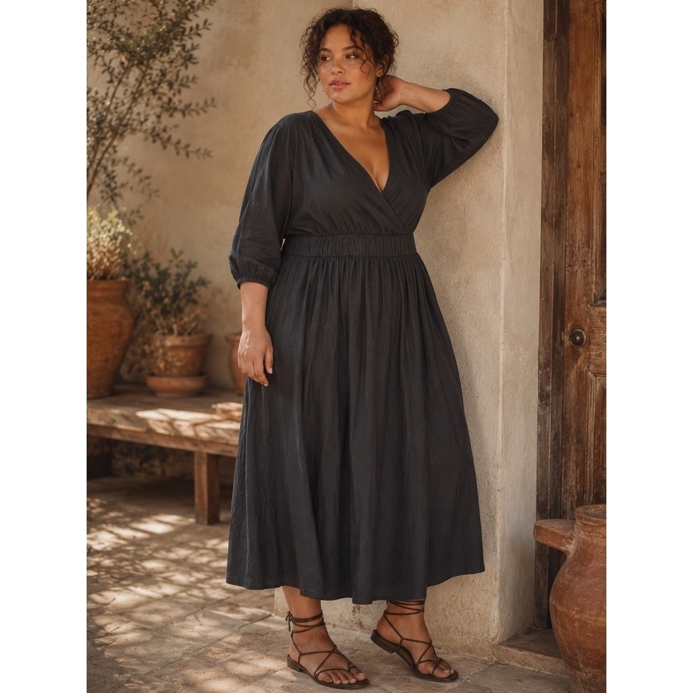 On-34th Women Black Cotton Surplice V-Neck Midi Dress XL NWT  100185047MS